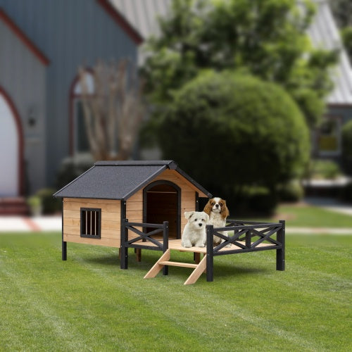 Outdoor Cabin Style Wooden Kennel with Porch